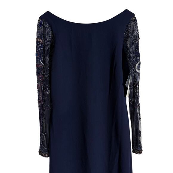 Badgley Mischka Navy Blue Beaded Long Sleeve Bateau Neck Train Gown Size 12 - Picture 6 of 16